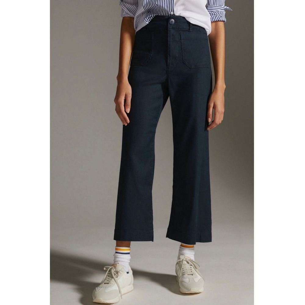 Maeve Anthropologie The Colette Cropped Linen Wide Leg Pants Navy Blue | Size 32